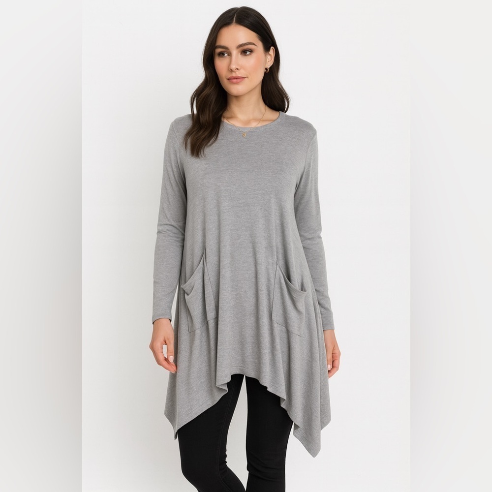 ANNY Fashion Gray Tunic Sweater Size S/M Long Sleeve Pockets Casual Lagenlook